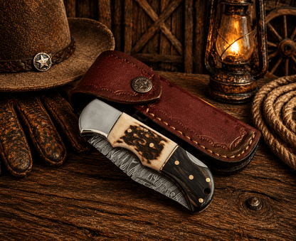 Handcrafted Damascus Pocket Knife – Engraved Folding Knife with Stag Horn & Pakka Wood Handle | Custom EDC Hunting Knife Gift for Men