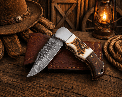 Handcrafted Damascus Pocket Knife – Engraved Folding Knife with Stag Horn & Wood Handle | Custom Gift for Men, EDC Hunting Knife