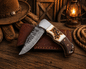 Handcrafted Damascus Pocket Knife – Engraved Folding Knife with Stag Horn & Wood Handle | Custom Gift for Men, EDC Hunting Knife