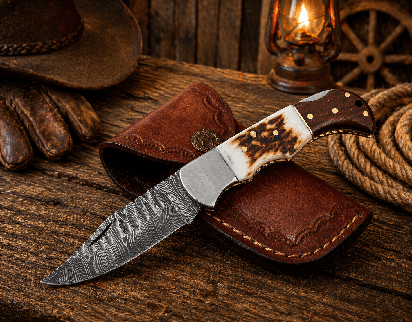 Handcrafted Damascus Pocket Knife – Engraved Folding Knife with Stag Horn & Wood Handle | Custom Gift for Men, EDC Hunting Knife
