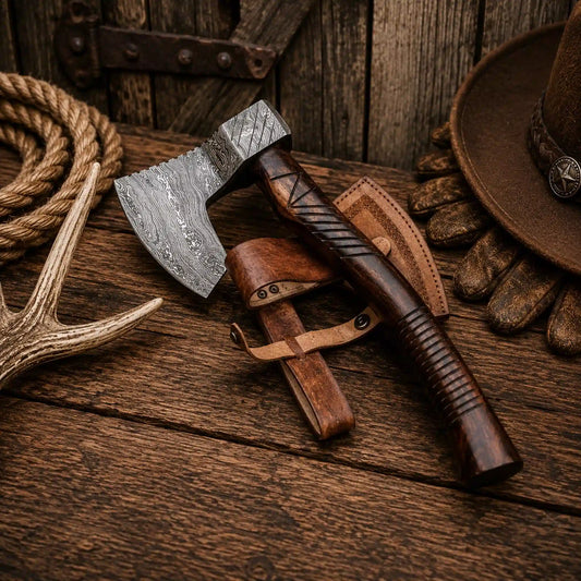 Handcrafted Damascus Steel Tomahawk Axe for Sale – Rosewood Handle & Leather Sheath