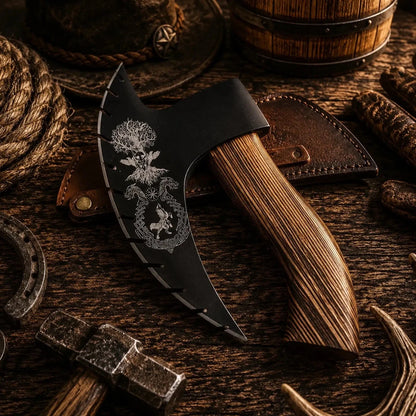 Handforged Viking Pizza Cutter Axe for Sale with Burnt Ash Wood Handle