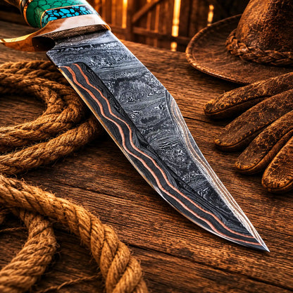 Copper Damascus Hunting Knife – Turquoise & Resin Bowie