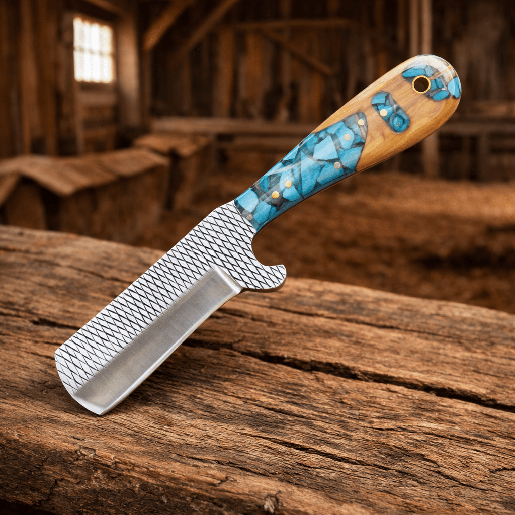 Handmade Cowboy Bull Cutter Knife – Rasp File Steel Blade with Turquoise & Wood Handle