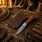 Damascus EDC Pocket Knife – Rose Wood Handle with Premium Leather Sheath