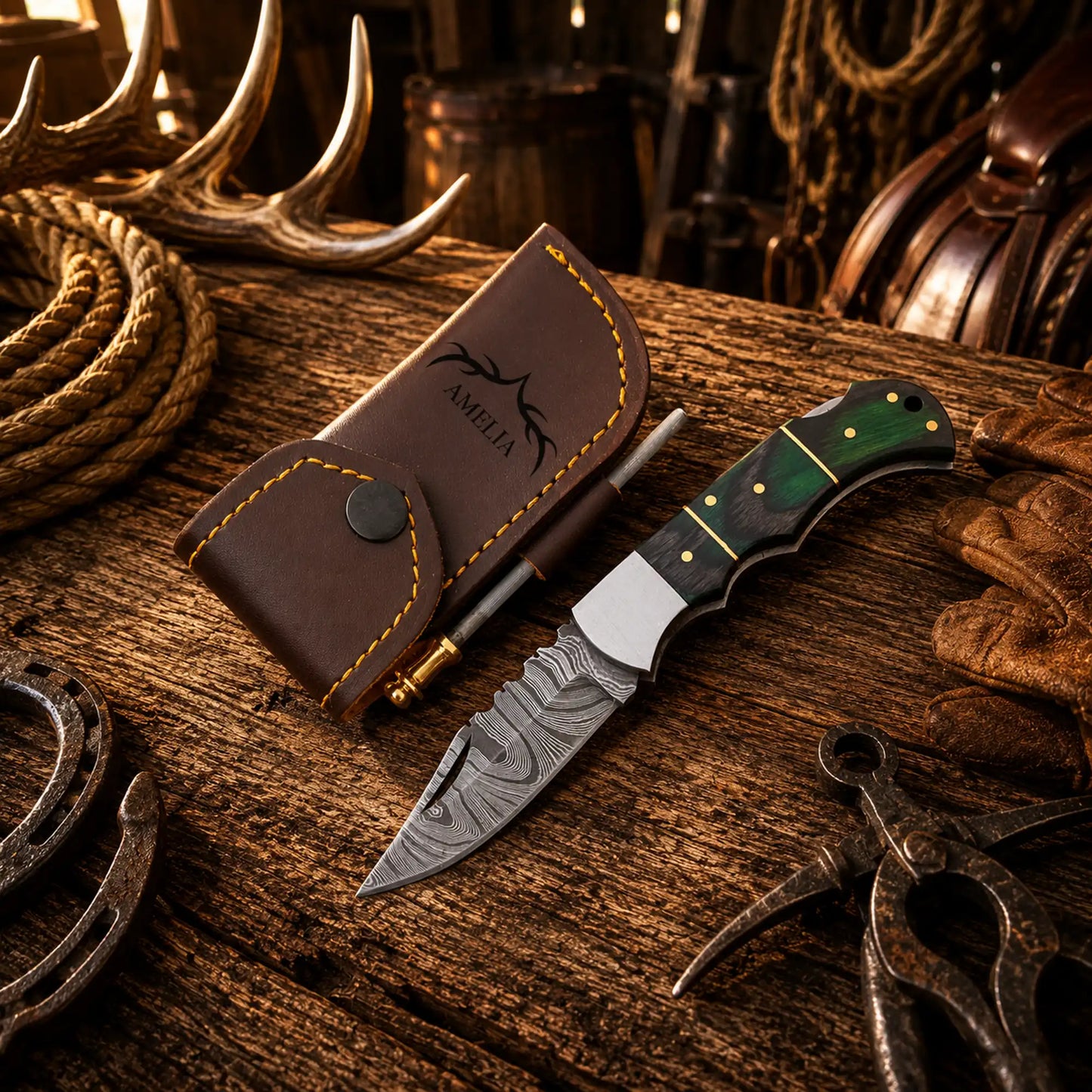 Handmade Damascus Folding Pocket Knife – Green Pakka Wood Back Lock EDC Knife