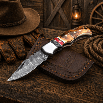 Handmade Damascus Pocket Knife – Burnt Camel Bone Handle Folding Knife with Leather Sheath | Custom EDC Hunting Knife Gift for Men