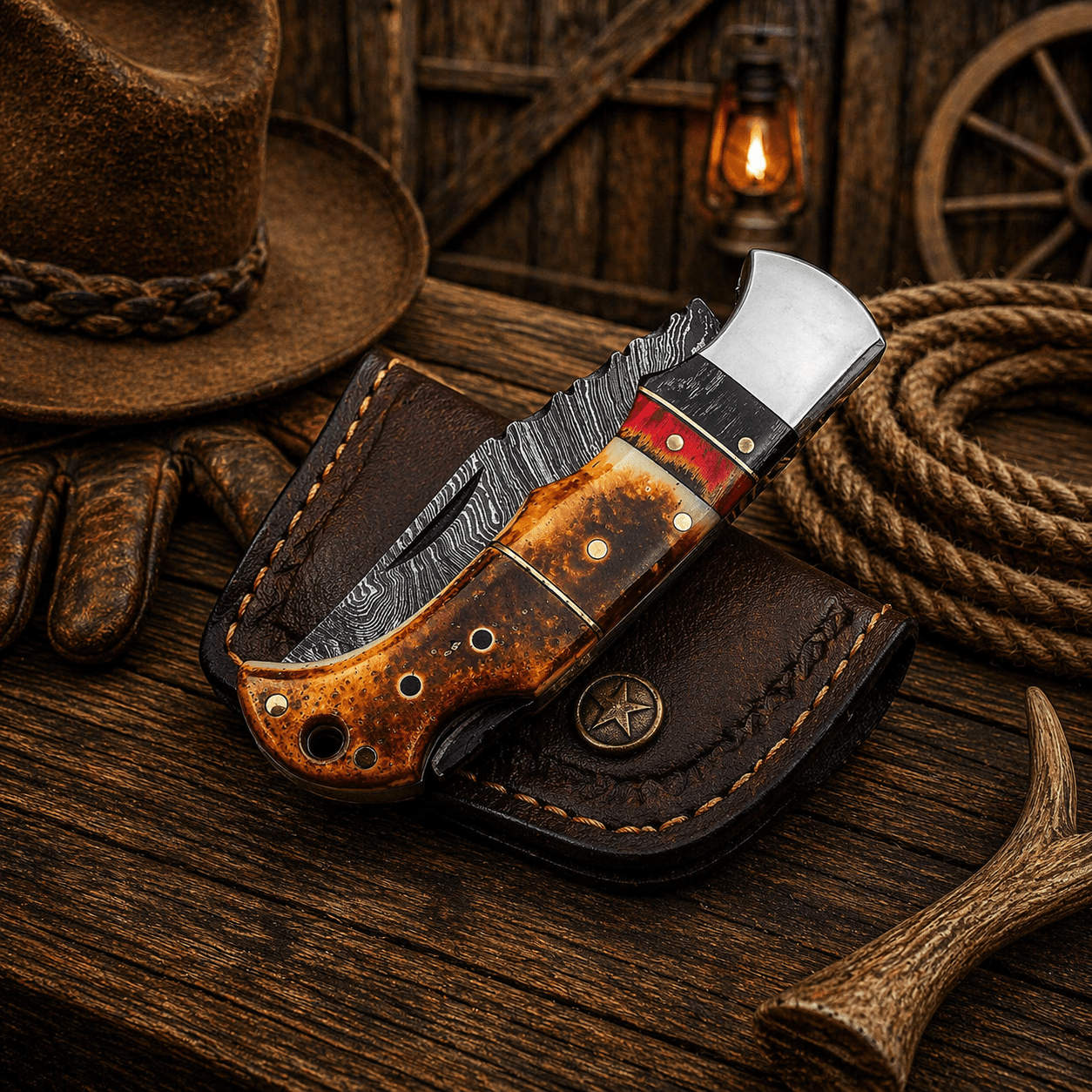Handmade Damascus Pocket Knife – Burnt Camel Bone Handle Folding Knife with Leather Sheath | Custom EDC Hunting Knife Gift for Men