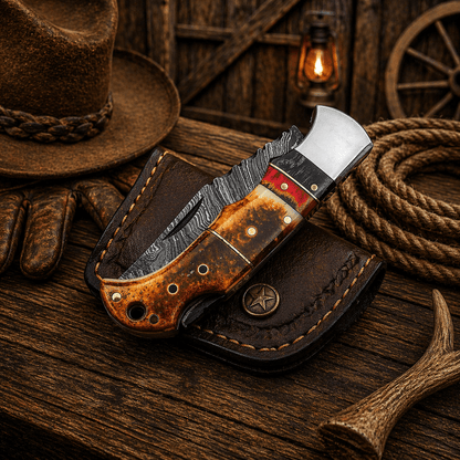 Handmade Damascus Pocket Knife – Burnt Camel Bone Handle Folding Knife with Leather Sheath | Custom EDC Hunting Knife Gift for Men
