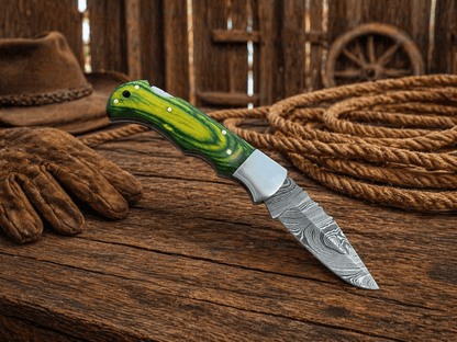 Handmade Damascus Pocket Knife – Folding Knife with Wood Handle & Back Lock | Custom EDC Hunting Knife Gift for Men