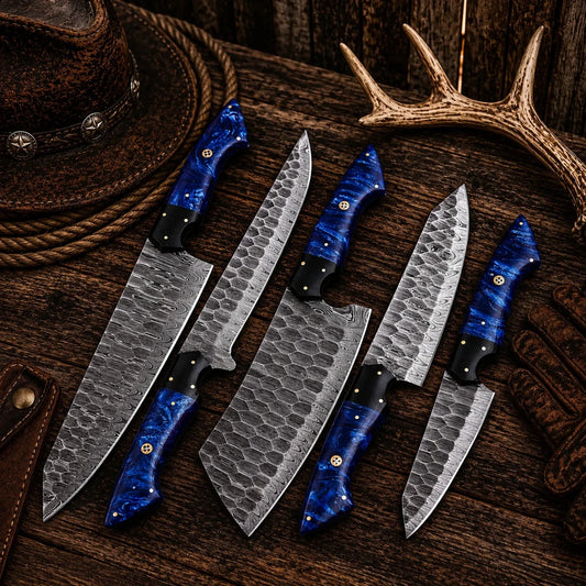 Handmade Forged Damascus Steel Chef Knife Set – Blue Epoxy Resin Handles