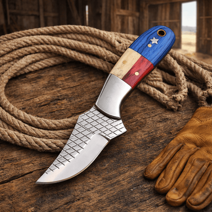 Handmade Rasp Steel Cowboy Knife – Texas Flag Handle, Pancake Leather Sheath