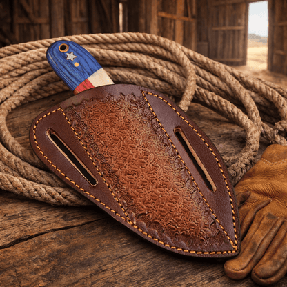 Handmade Rasp Steel Cowboy Knife – Texas Flag Handle, Pancake Leather Sheath