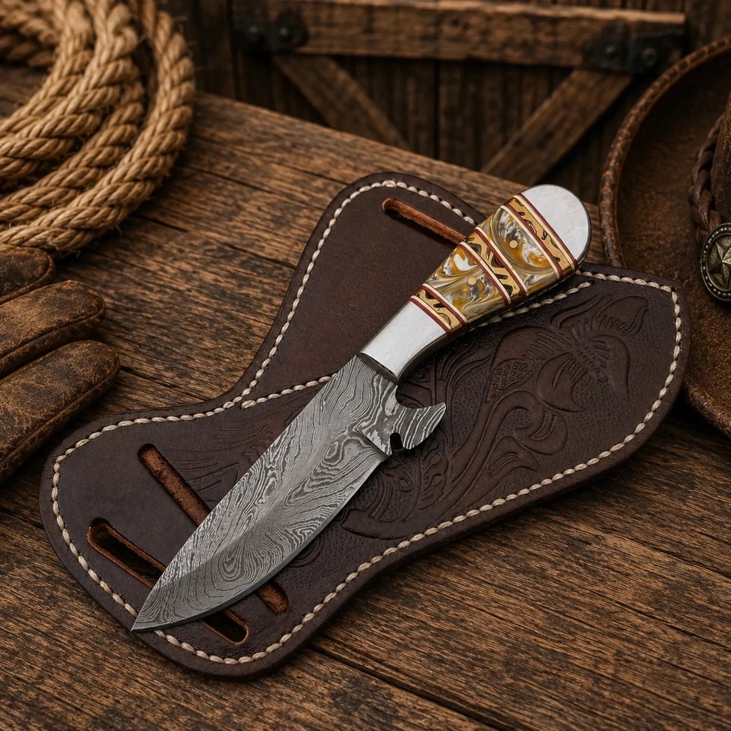 Kimes Ranch Skinning Knife – Handmade Damascus Blade Resin Handle