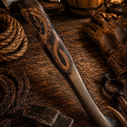 OTHALA Hand Forged Viking Axe – Carved Ash Wood & Leather Sheath