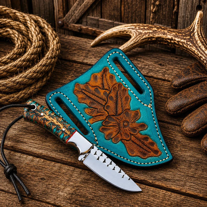 Pancake Leg Sheath Cowboy Field Knife – Rasp Steel Blade & Turquoise Pinecone Handle