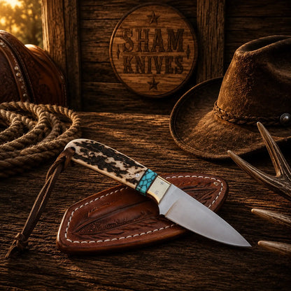 Ranch Buckaroo Knife & Sheath – 3″ D2 Steel, Stag & Turquoise