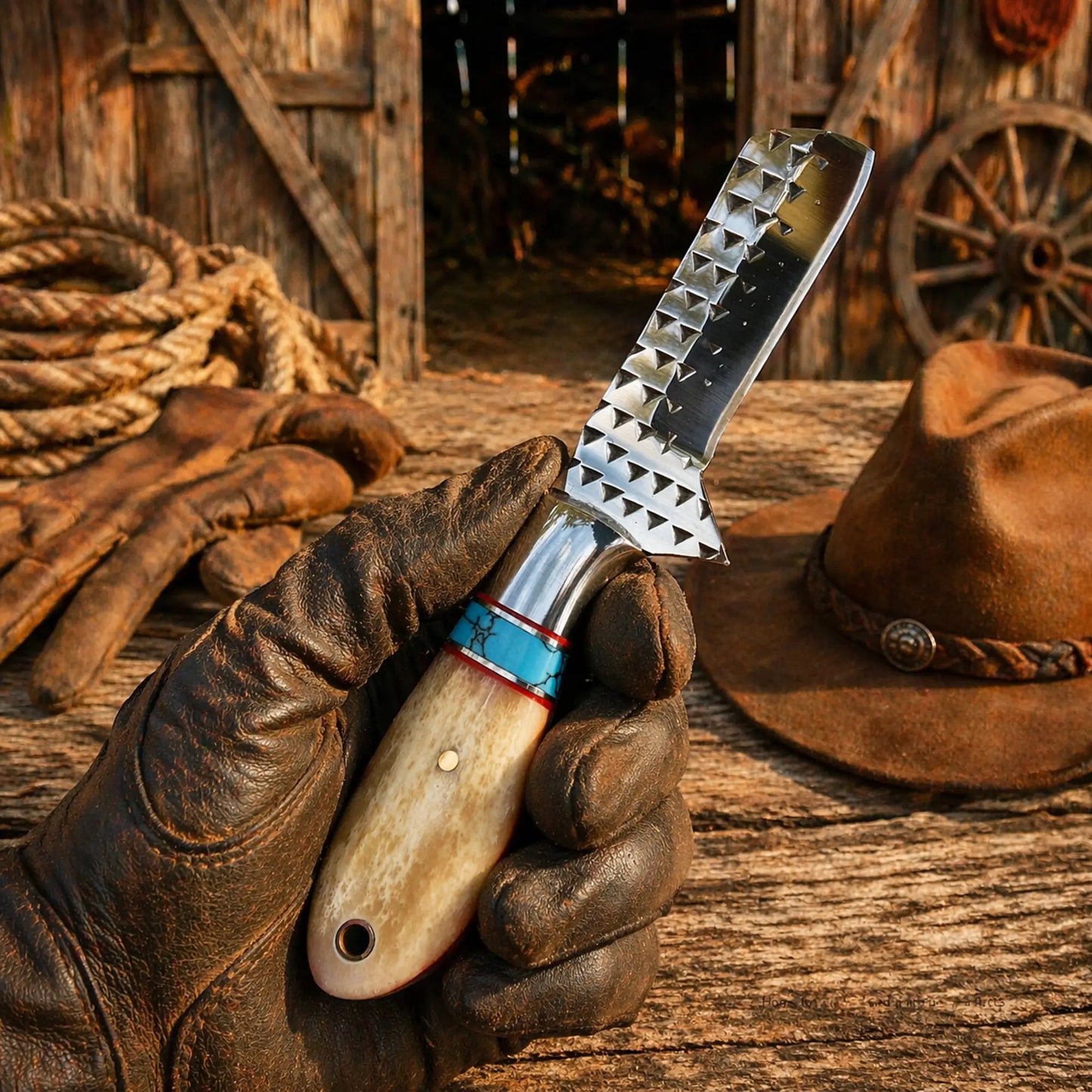 Handmade Rasp Steel Cowboy Bull Cutter Knife – Turquoise & Camel Bone Handle with Leather Sheath
