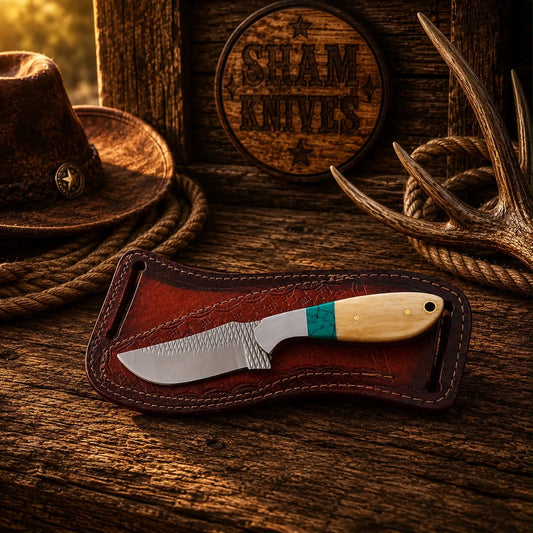 Rasp Steel Drop Point Knife – Bone, Turquoise & Cross-Draw Sheath