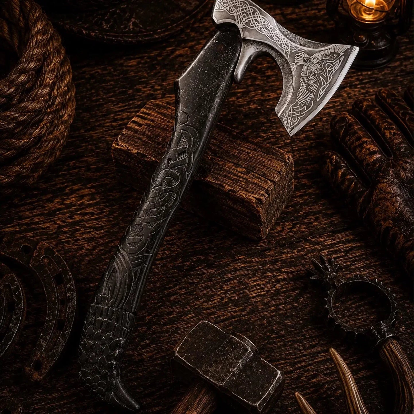 Raven Viking Axe – 1095 Carbon Steel with Hand Carved Ash Handle