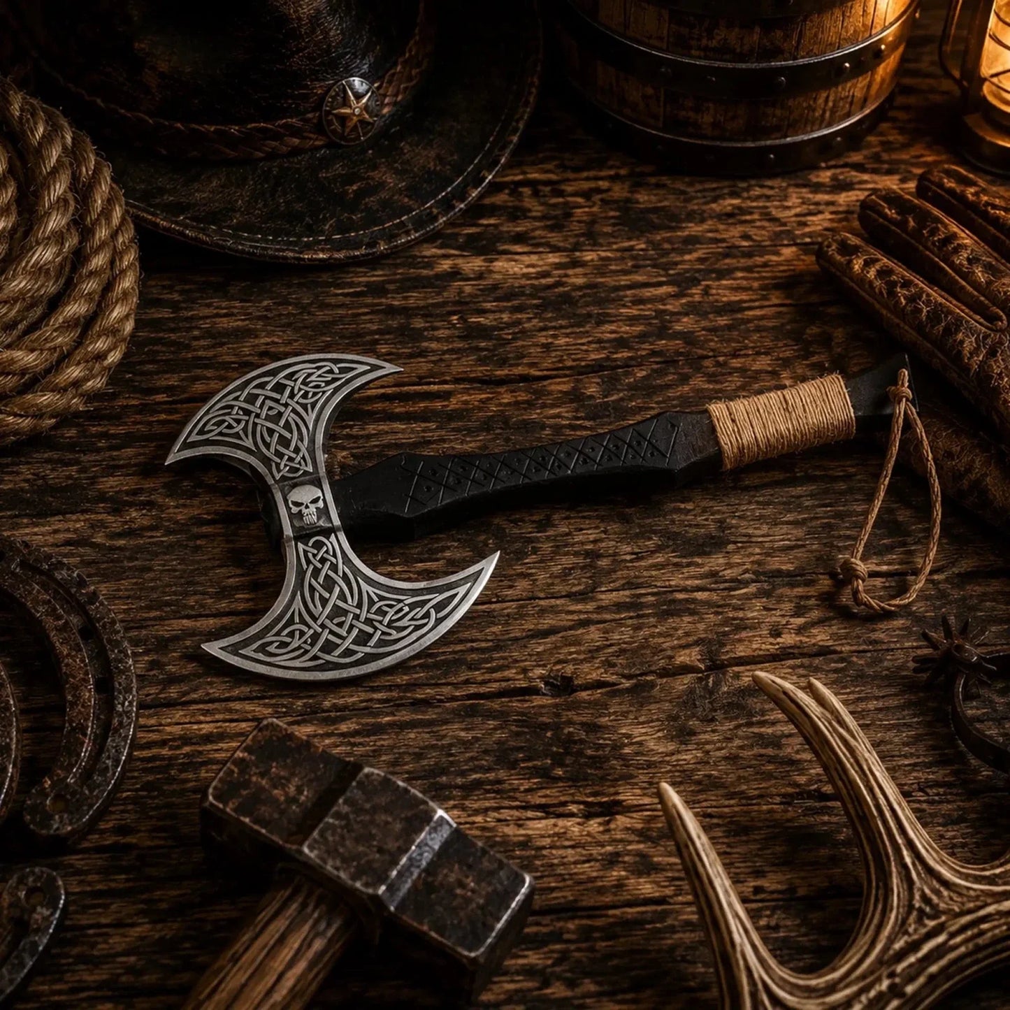 Skull Etched Double-Headed Viking Axe – Hand Forged Carbon Steel