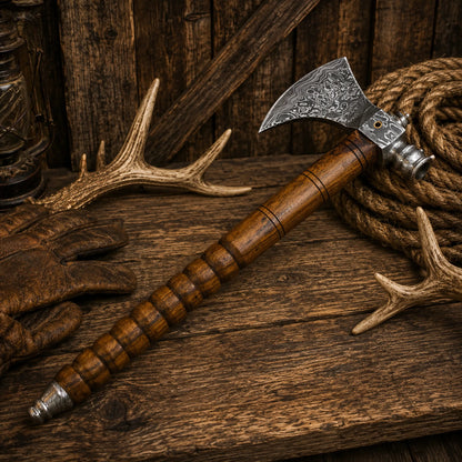 Handmade Damascus Steel Tomahawk Axe | Smokey Wood Throwing Hatchet