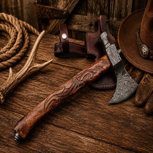 Gift Ready Smoking Pipe Tomahawk Damascus Axe with Carved Rosewood Handle