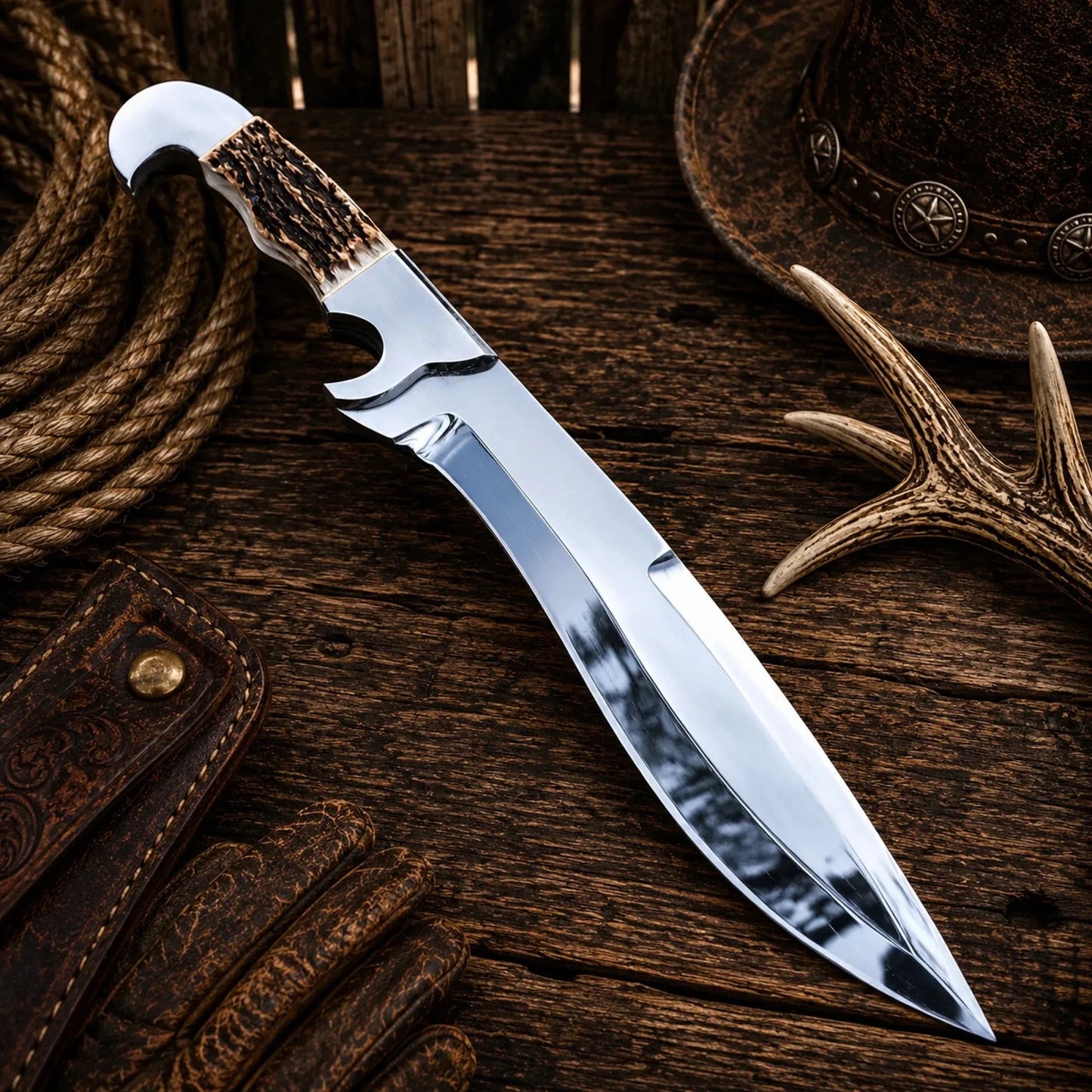Stag Handle Hunting Bowie Knife – 17" D2 Steel Blade & Leather Sheath