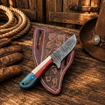 Texas Ranch Field Knife – Damascus Steel Blade with Back Belt Sheath