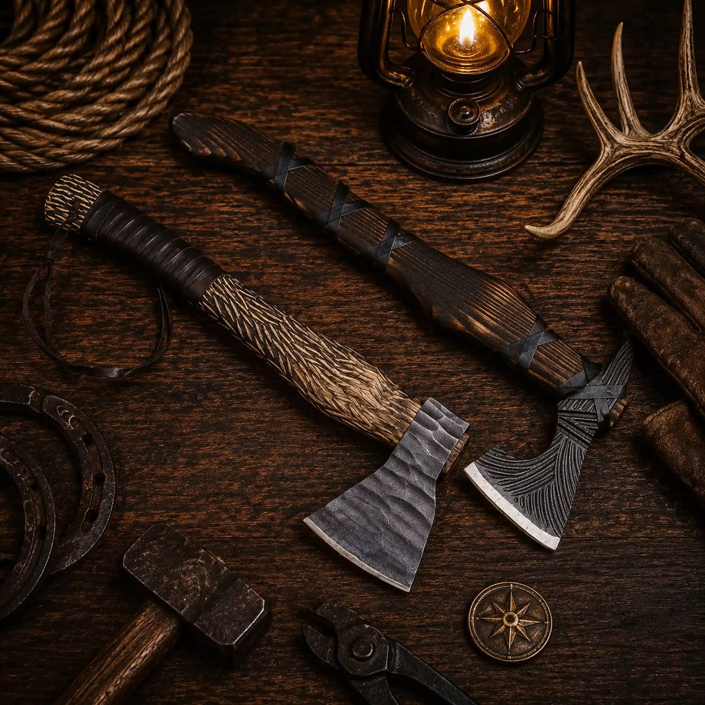Hammered Hand Forged Carbon Steel Tomahawk & Battle Viking Axe Pair with Leather Sheath