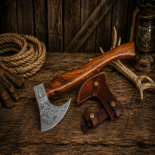 Viking Style Damascus Steel Axe with Leather Sheath & Rosewood Handle
