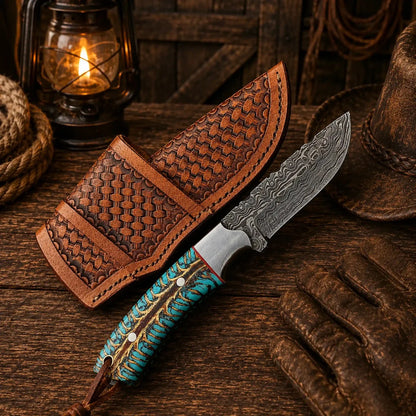 Western Belt Carry Knife – 4” Damascus Blade Pinecone Handle