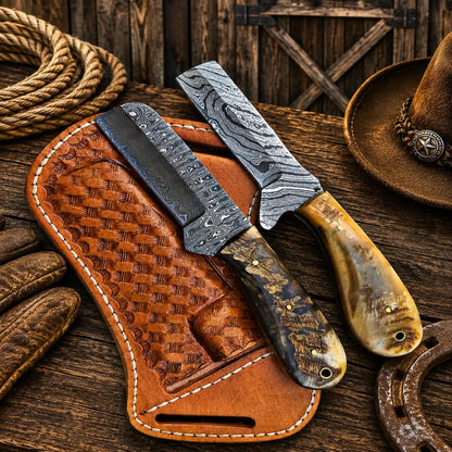 Western Cattleman Bull Cutter Knife Set – Handmade Damascus Skinning & Ranch Blades
