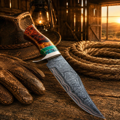 Copper Damascus Hunting Knife – Turquoise & Resin Bowie