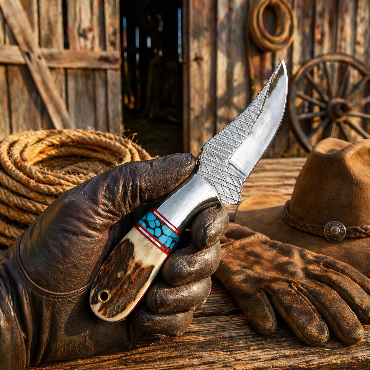 Western Ranch Knife – 3.5” Rasp Blade Antler Handle & Pancake Leather Sheath