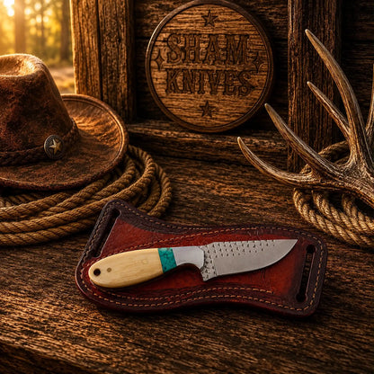 Rasp Steel Drop Point Knife – Bone, Turquoise & Cross-Draw Sheath