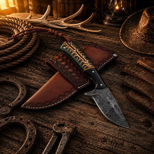 Working Cowboy Knife 3.5" Raindrop Damascus Steel Pinecone & Buffalo Horn Handle