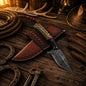 Working Cowboy Knife 3.5" Raindrop Damascus Steel Pinecone & Buffalo Horn Handle